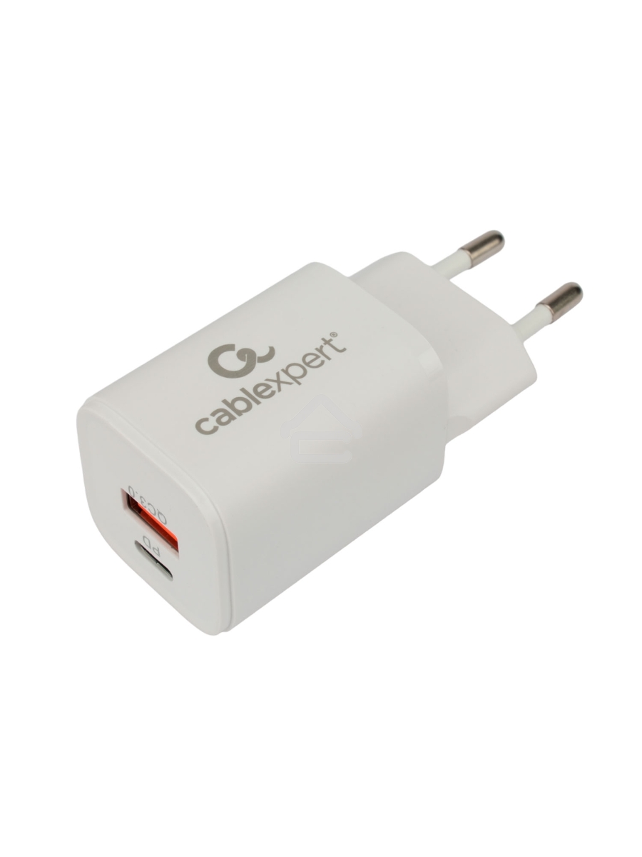 Зарядное устройство Cablexpert MP3A-PC-42, 30Вт, быстрая зарядка QC3.0/PD, 2 порта: USB и Type-C, белый, пакет