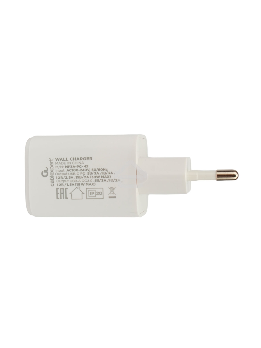 Зарядное устройство Cablexpert MP3A-PC-42, 30Вт, быстрая зарядка QC3.0/PD, 2 порта: USB и Type-C, белый, пакет