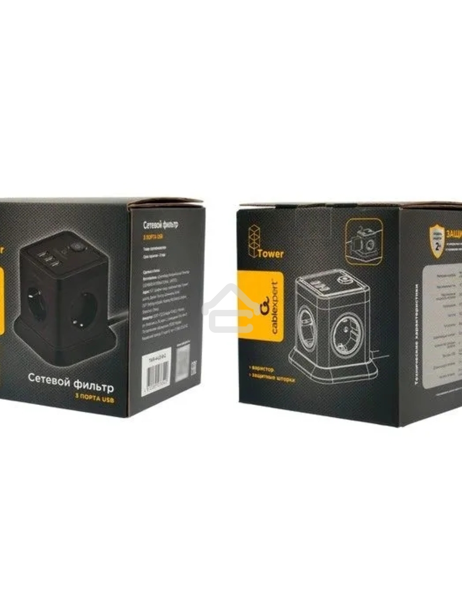 Сетевой фильтр Cablexpert Tower TWR-4-U3-B-2, 4р, 10А, 3xUSB, 3.1А, 2м, ур.защиты 2+, черный, коробка