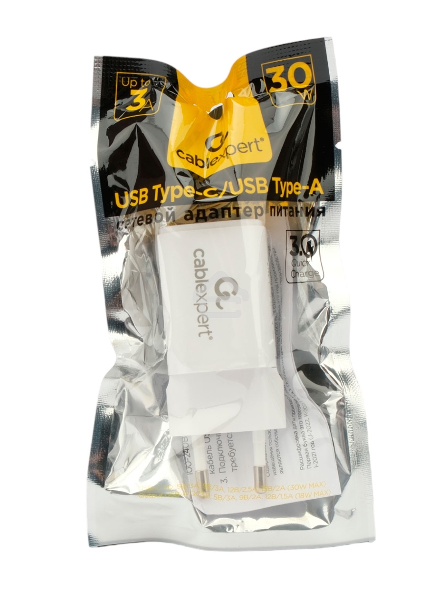 Зарядное устройство Cablexpert MP3A-PC-42, 30Вт, быстрая зарядка QC3.0/PD, 2 порта: USB и Type-C, белый, пакет