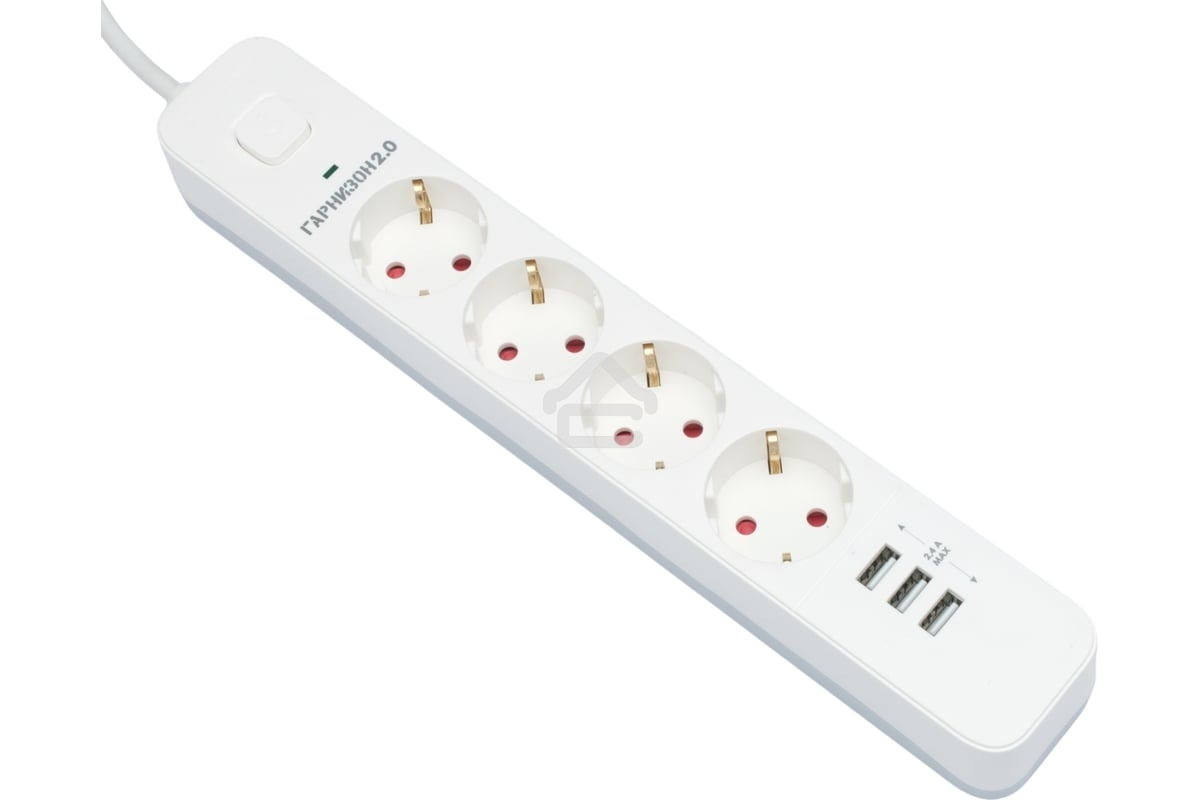Сетевой фильтр Гарнизон 2.0 Мультипорт EPS-4-U3-W-4, 4 р, 10А, 3xUSB, 4 м, ур.защиты 2+, белый, пакет
