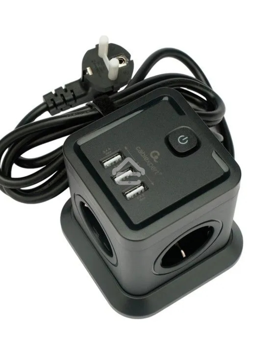 Сетевой фильтр Cablexpert Tower TWR-4-U3-B-2, 4р, 10А, 3xUSB, 3.1А, 2м, ур.защиты 2+, черный, коробка