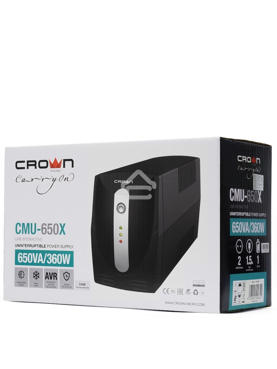 Источник бесперебойного питания Crown CMU-650X (600ВА/360 Вт; 2хEURO резервным питанием и фильтрацией; 12V/7AH х 1; пластик)