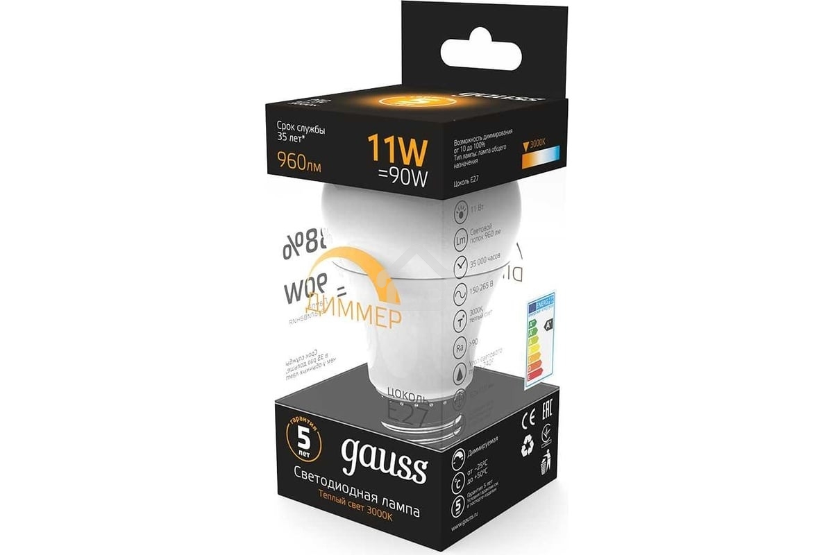 Лампа светодиодная Gauss Led A60-dim E27 11Вт 3000К диммируемая
