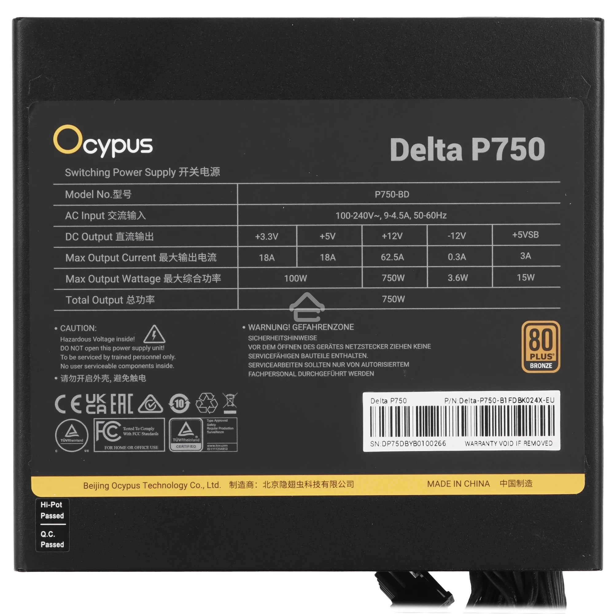 Блок питания Ocypus Delta P750, 750W, APFC, 80+ Bronze, ATX 3.1, 120mm Fan (P750-BF)