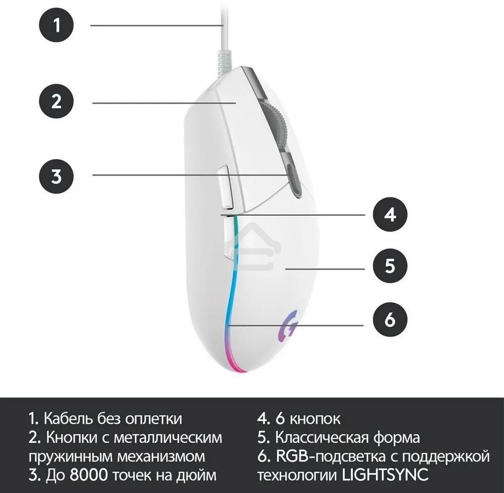 Мышь проводная Logitech G102 LIGHTSYNC белый, 8000 dpi, USB, кнопки - 6