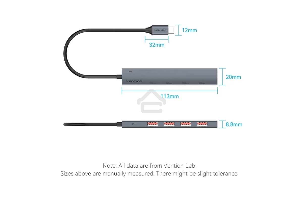Концентратор Vention OTG USB 3.2 Gen 2 Type-C на 4 USB порта + USB-C PD Серый - 0.15м.