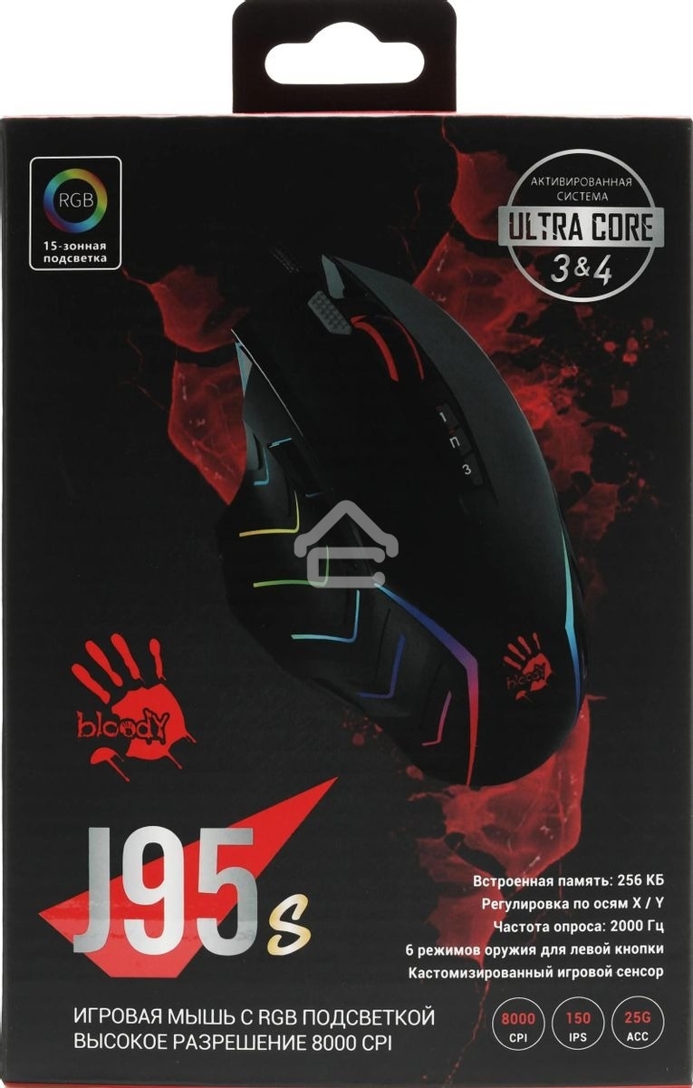 Мышь проводная A4Tech Bloody J95s черный, 8000 dpi, USB, кнопки - 9