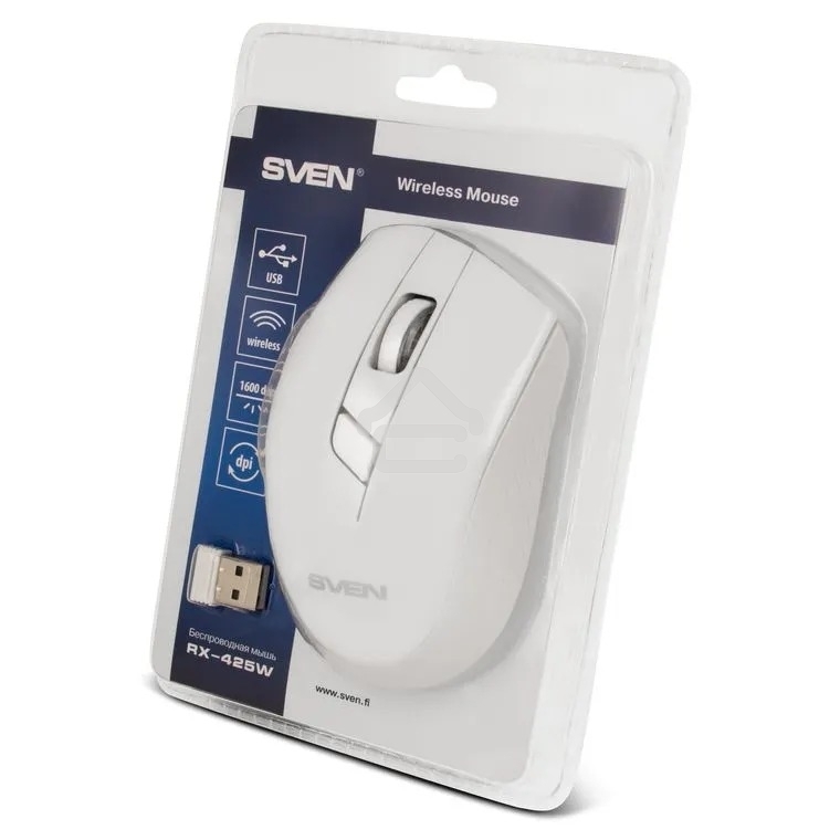 Мышь беспроводная SVEN RX-425W белый, 1600 dpi, радиоканал, USB, кнопки - 6