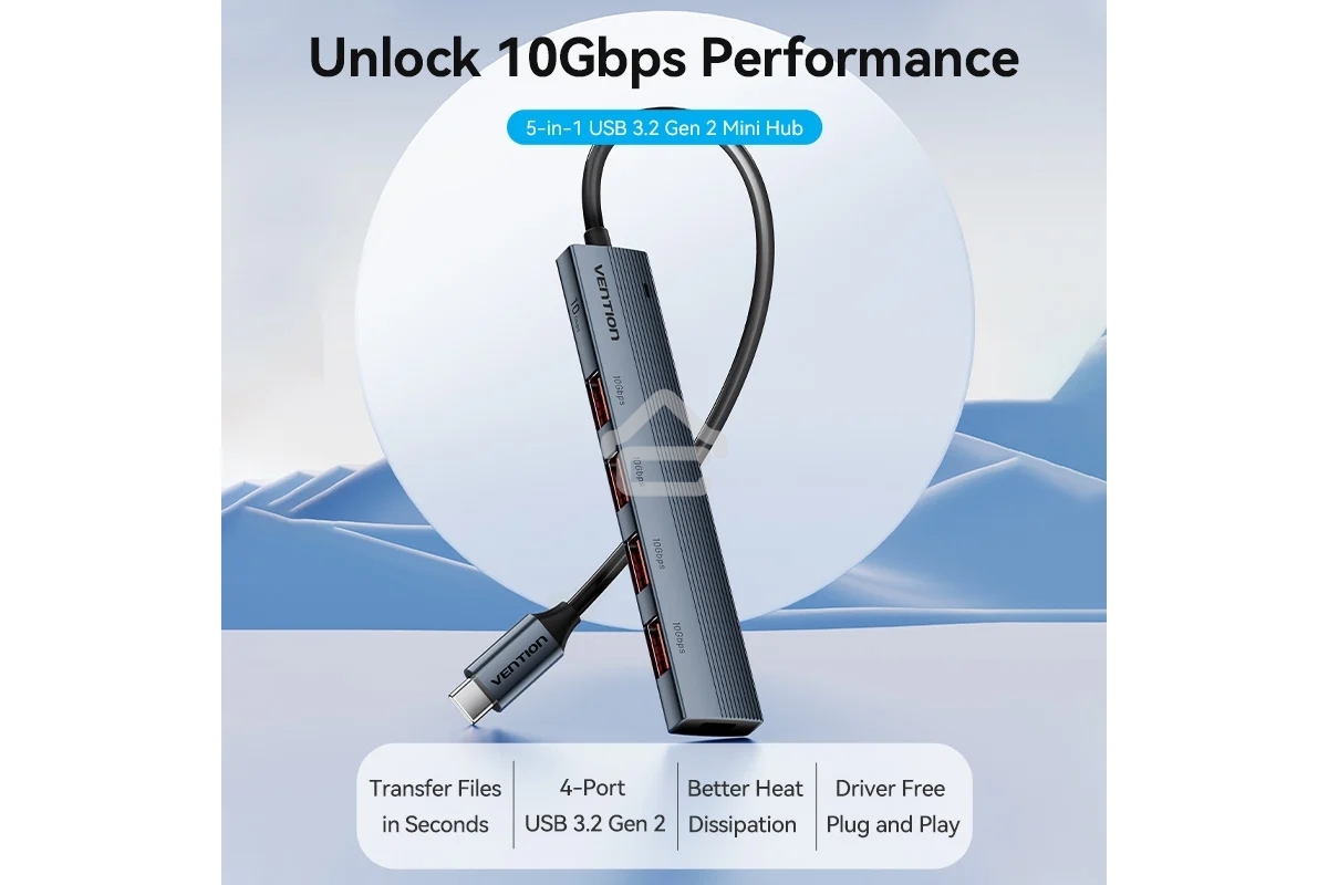 Концентратор Vention OTG USB 3.2 Gen 2 Type-C на 4 USB порта + USB-C PD Серый - 0.15м.