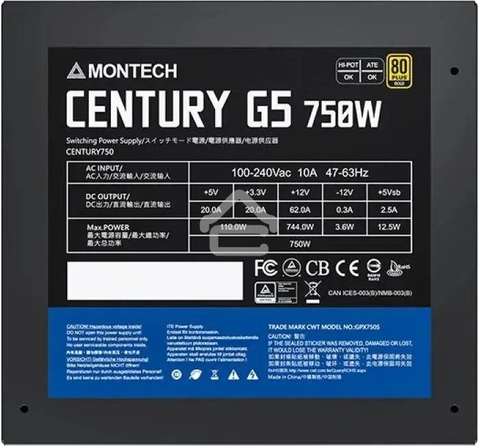 Блок питания Montech ATX 750W CENTURY GOLD G5, 750 Вт, 80 PLUS GOLD, 120 мм, модульный, черный