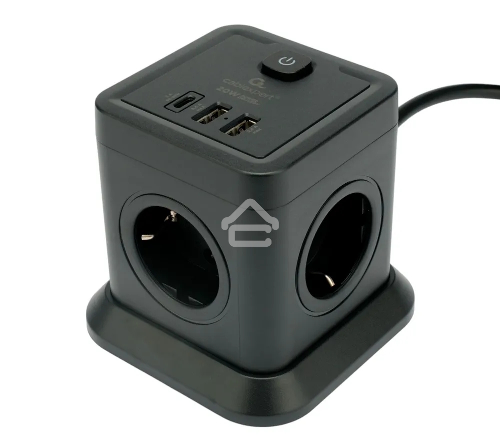 Сетевой фильтр Cablexpert Tower TWR-4-CU2-B-2, 4 р, 10А, 1xType-C PD, 20Вт, 2хUSB, 2 м, ур.защиты 2+, черный, коробка