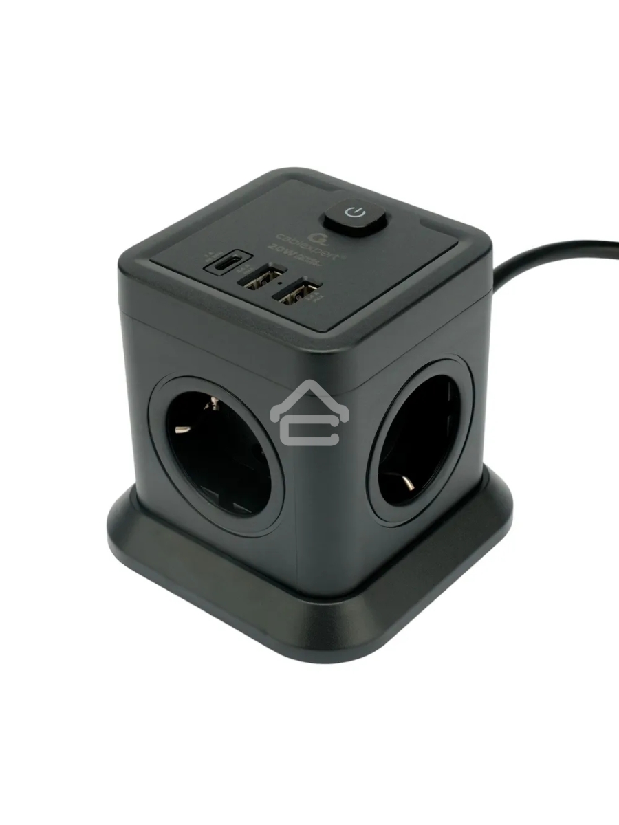 Сетевой фильтр Cablexpert Tower TWR-4-CU2-B-2, 4р, 10А, 1xType-C PD, 20Вт, 2хUSB, 2м, ур.защиты 2+, черный, коробка