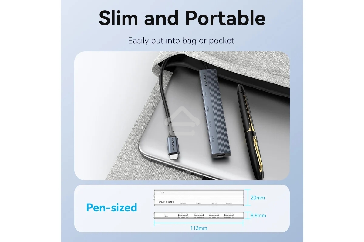 Концентратор Vention OTG USB 3.2 Gen 2 Type-C на 4 USB порта + USB-C PD Серый - 0.15м.