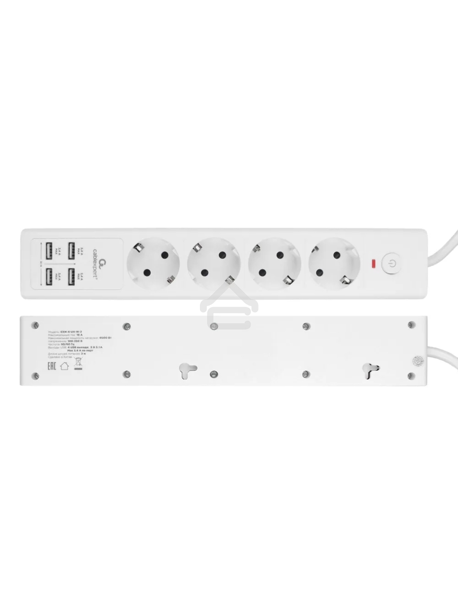Сетевой фильтр Cablexpert Exnovo EXN-4-U4-W-2, 4р, 16А, 4хUSB, 3.4A, 2м, ур.защиты 4+, белый, коробка