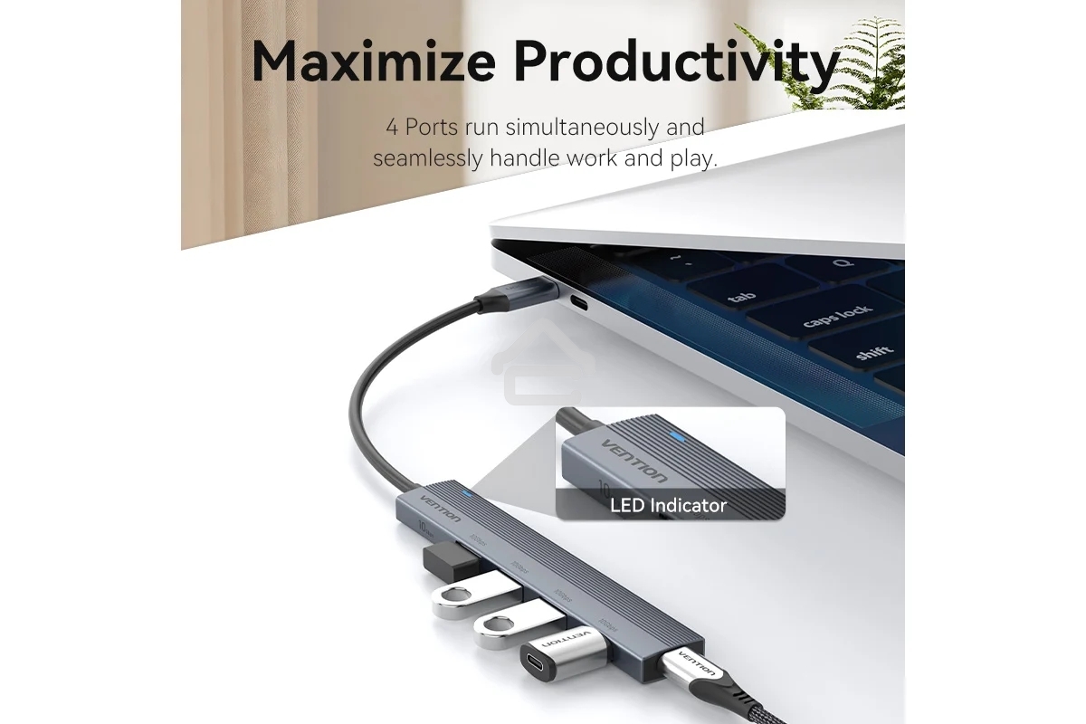 Концентратор Vention OTG USB 3.2 Gen 2 Type-C на 4 USB порта + USB-C PD Серый - 0.15м.