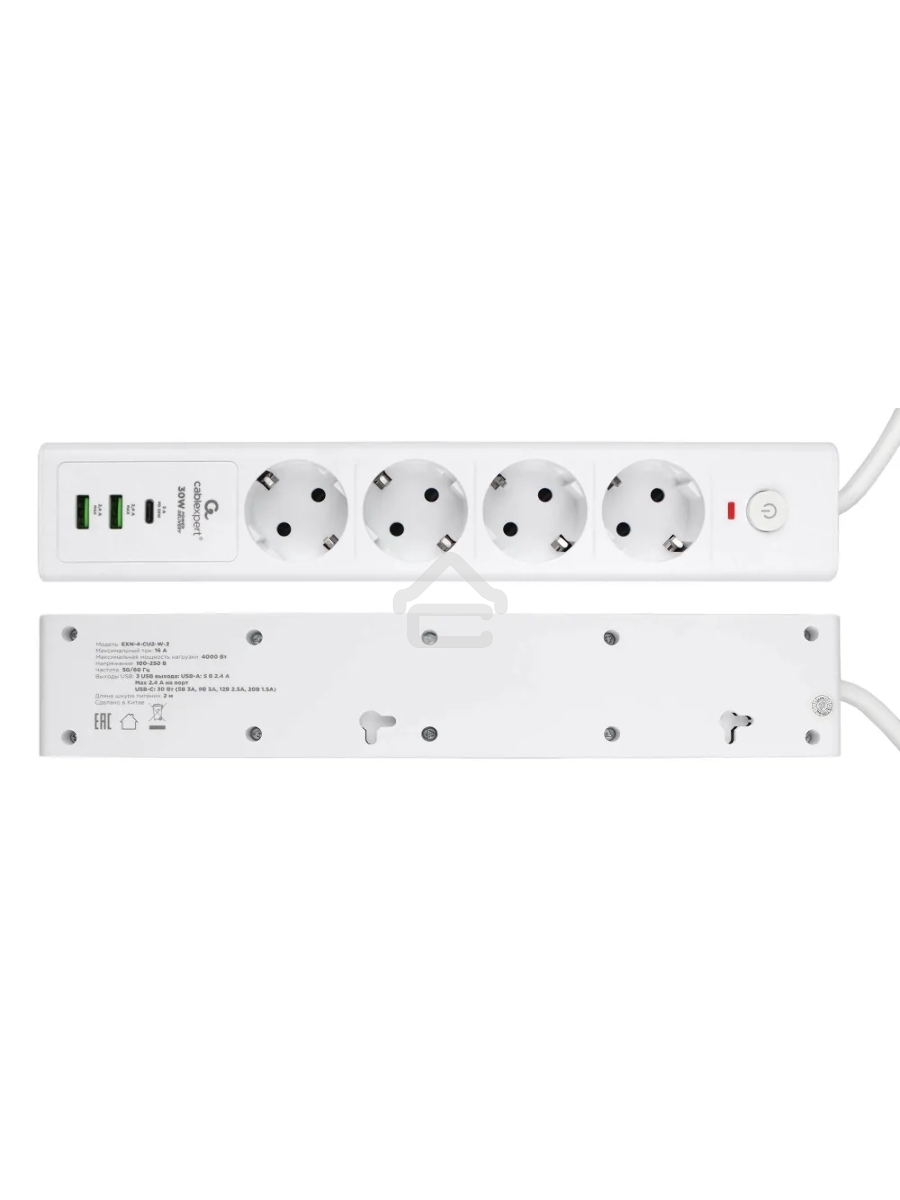 Сетевой фильтр Cablexpert Exnovo EXN-4-CU2-W-2, 4р, 16А, 1xType-C PD, 30Вт, 2хUSB, 2м, ур.защиты 4+, белый, коробка