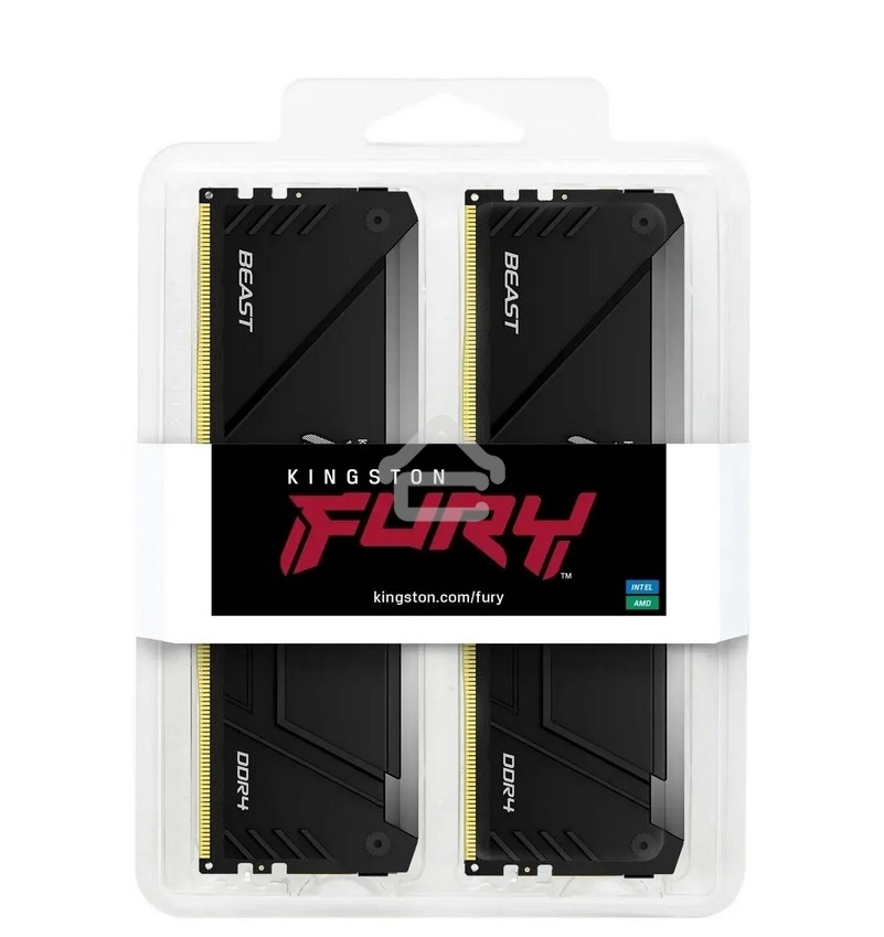 Оперативная память Kingston Fury Beast, DDR4, 32GB (2x16GB), 3200MHz, CL16, DIMM, с радиатором, RGB, черный