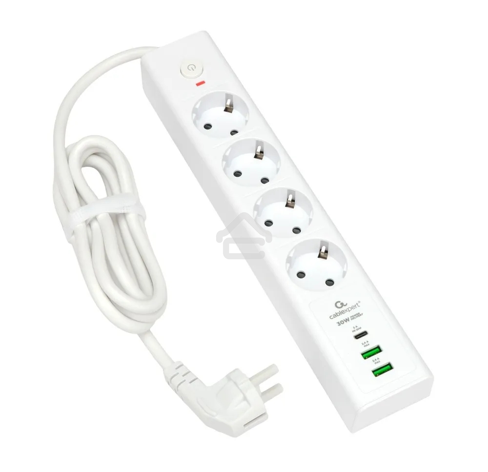 Сетевой фильтр Cablexpert Exnovo EXN-4-CU2-W-2, 4 р, 16А, 1xType-C PD, 30Вт, 2хUSB, 2 м, ур.защиты 4+, белый, коробка