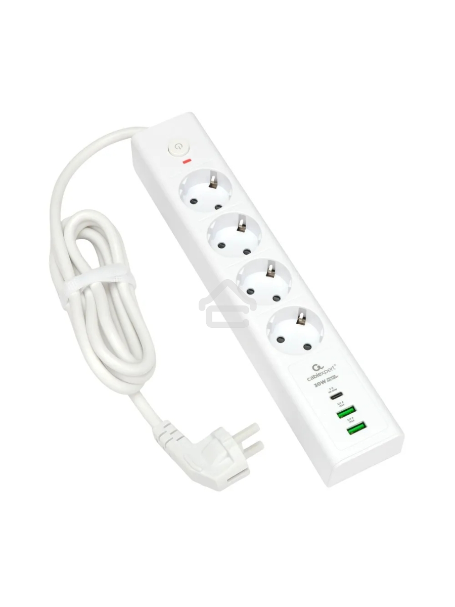 Сетевой фильтр Cablexpert Exnovo EXN-4-CU2-W-2, 4р, 16А, 1xType-C PD, 30Вт, 2хUSB, 2м, ур.защиты 4+, белый, коробка