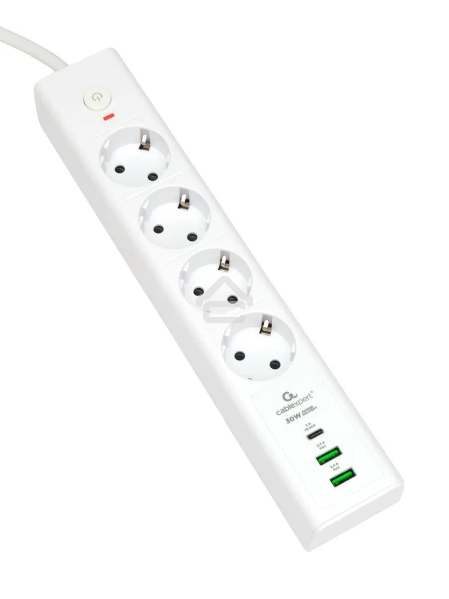 Сетевой фильтр Cablexpert Exnovo EXN-4-CU2-W-2, 4р, 16А, 1xType-C PD, 30Вт, 2хUSB, 2м, ур.защиты 4+, белый, коробка