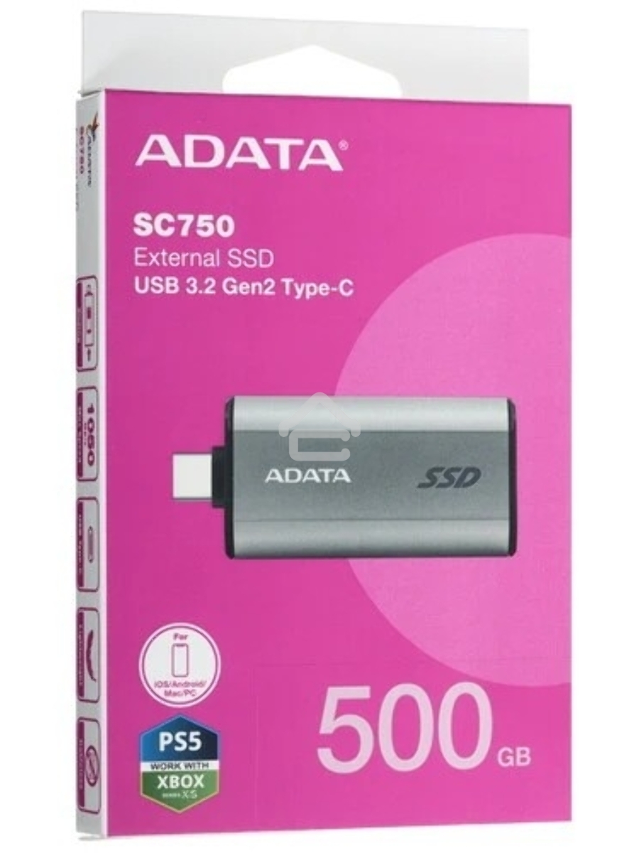 Твердотельный диск A-DATA External SC750 серый SC750-500G-CCBK 500GB USB 3.2 Gen 2 Type-C, [R/W -1050/1000 MB/s]