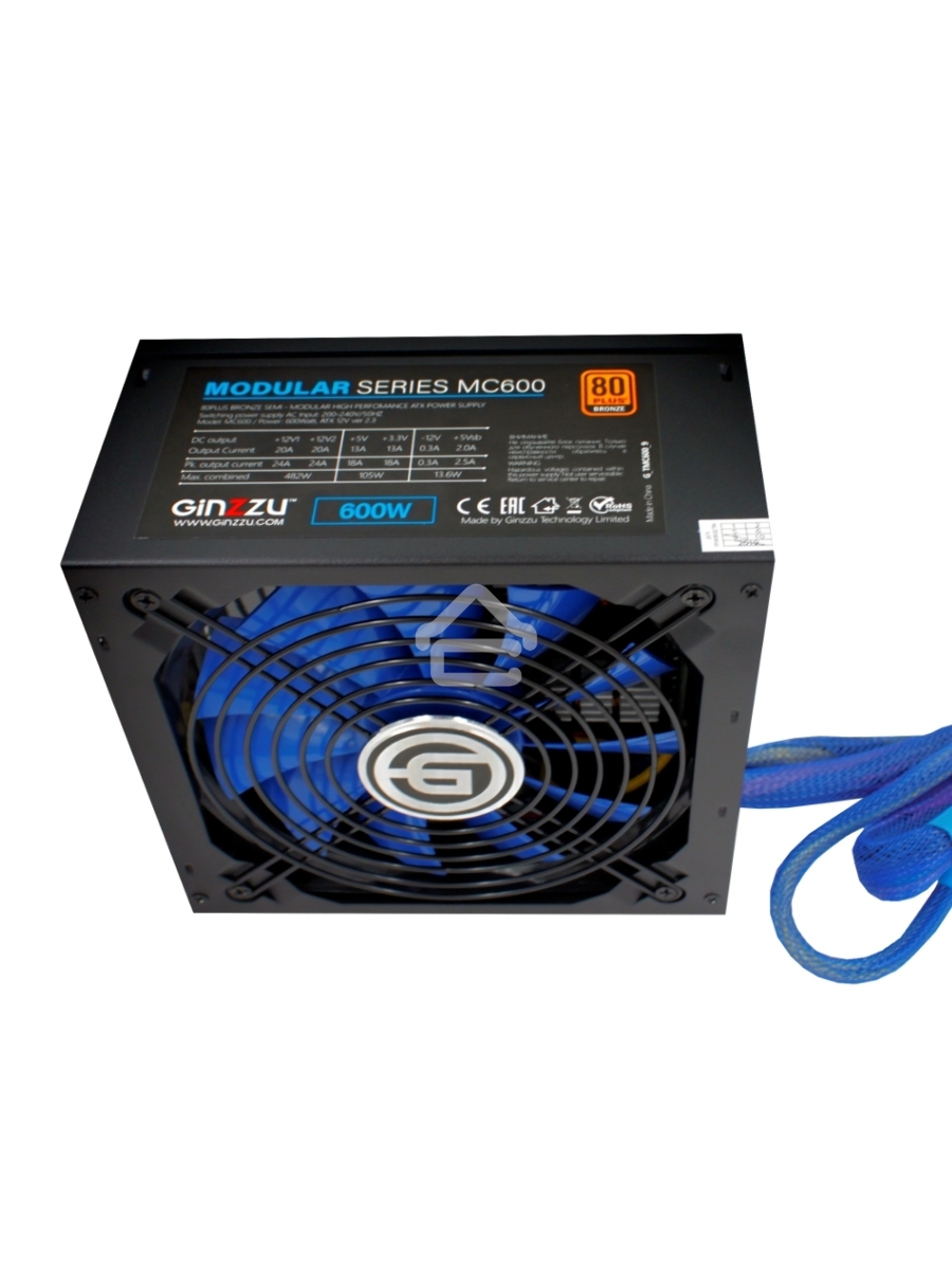 Блок питания Ginzzu MC600, 600Вт, 80 PLUS Bronze, 140мм, модульный, черный