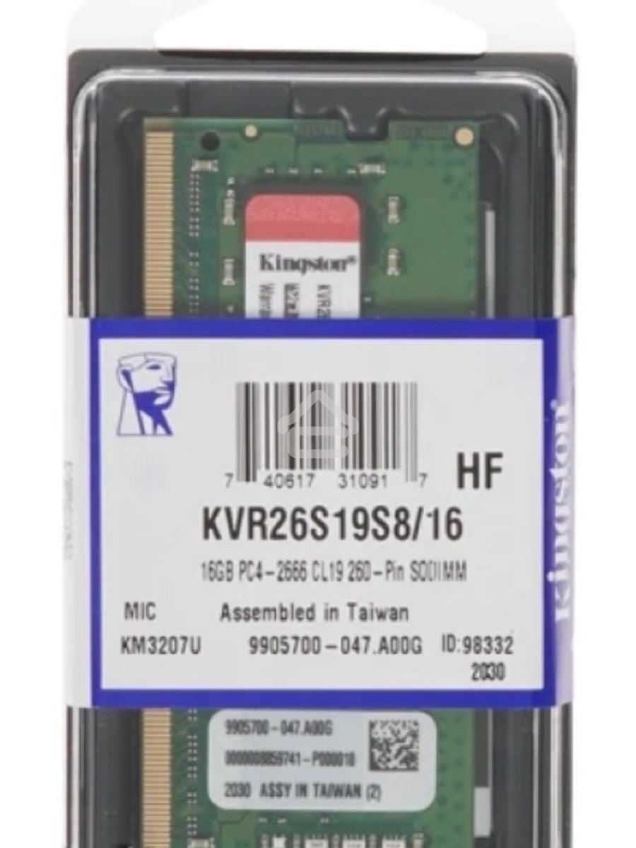 Оперативная память Kingston ValueRAM, DDR4, 16GB (1x16GB), 2666MHz, CL19, SO-DIMM