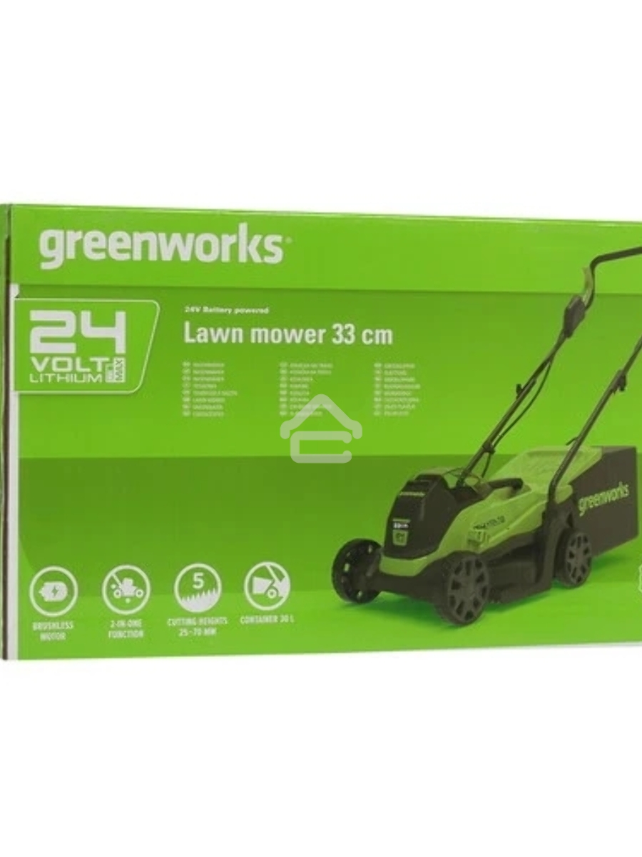 Газонокосилка аккумуляторная GreenWorks GD24LM33k2, 24v, 33 см, 1хАКБ 2Ач и ЗУ (2516107UA)