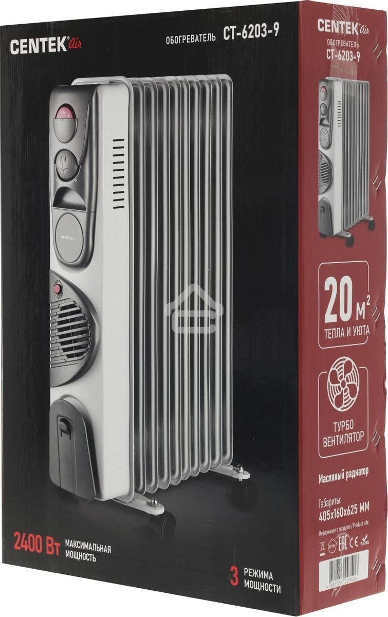 Обогреватель масляный Centek CT-6203-9 (9 секций) белый, 2400 Вт, 20 м2, 3 режима, термостат