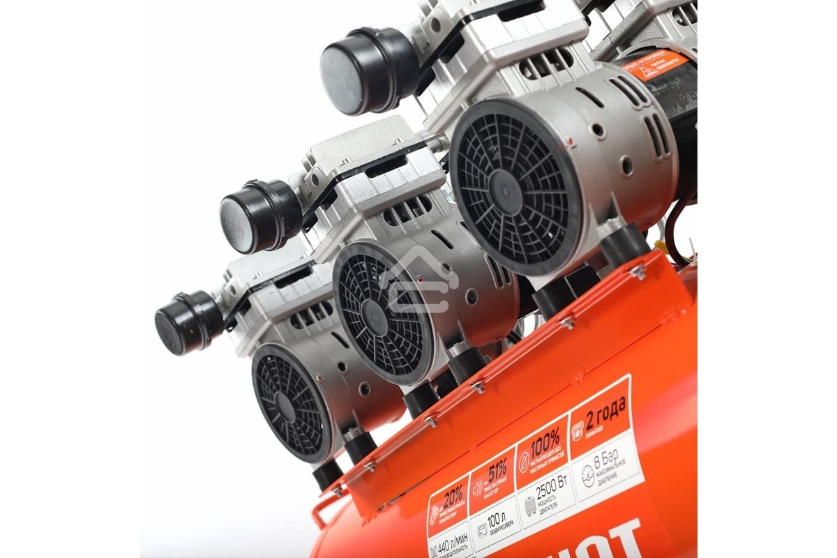 Компрессор Patriot поршневой безмасляный WO 100-440, 440 л/мин, 8 бар, 2500 Вт, 100 л, быстросъем и 