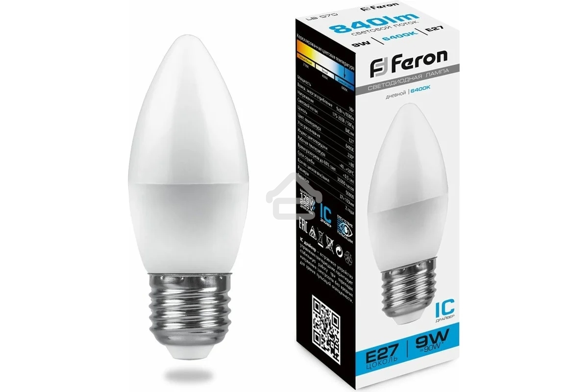 Лампа светодиодная Feron LB-570 9W 230V E27 6400K свеча