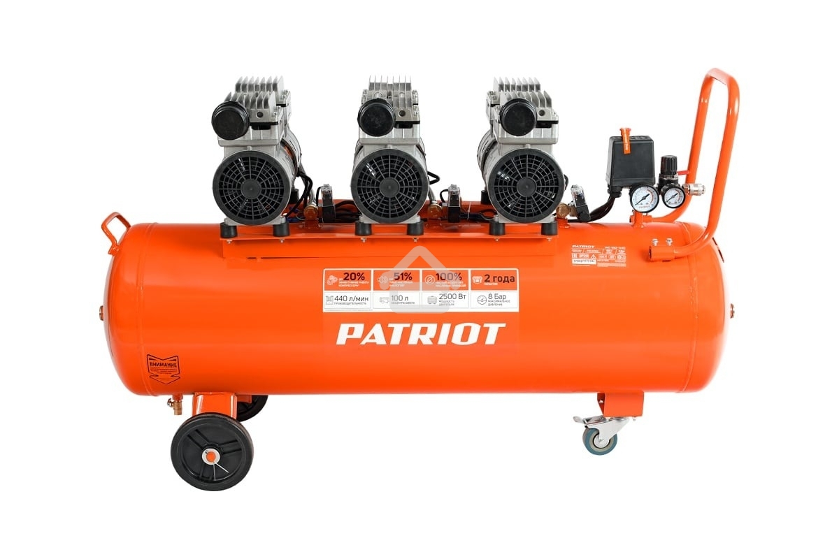 Компрессор Patriot поршневой безмасляный WO 100-440, 440 л/мин, 8 бар, 2500 Вт, 100 л, быстросъем и 