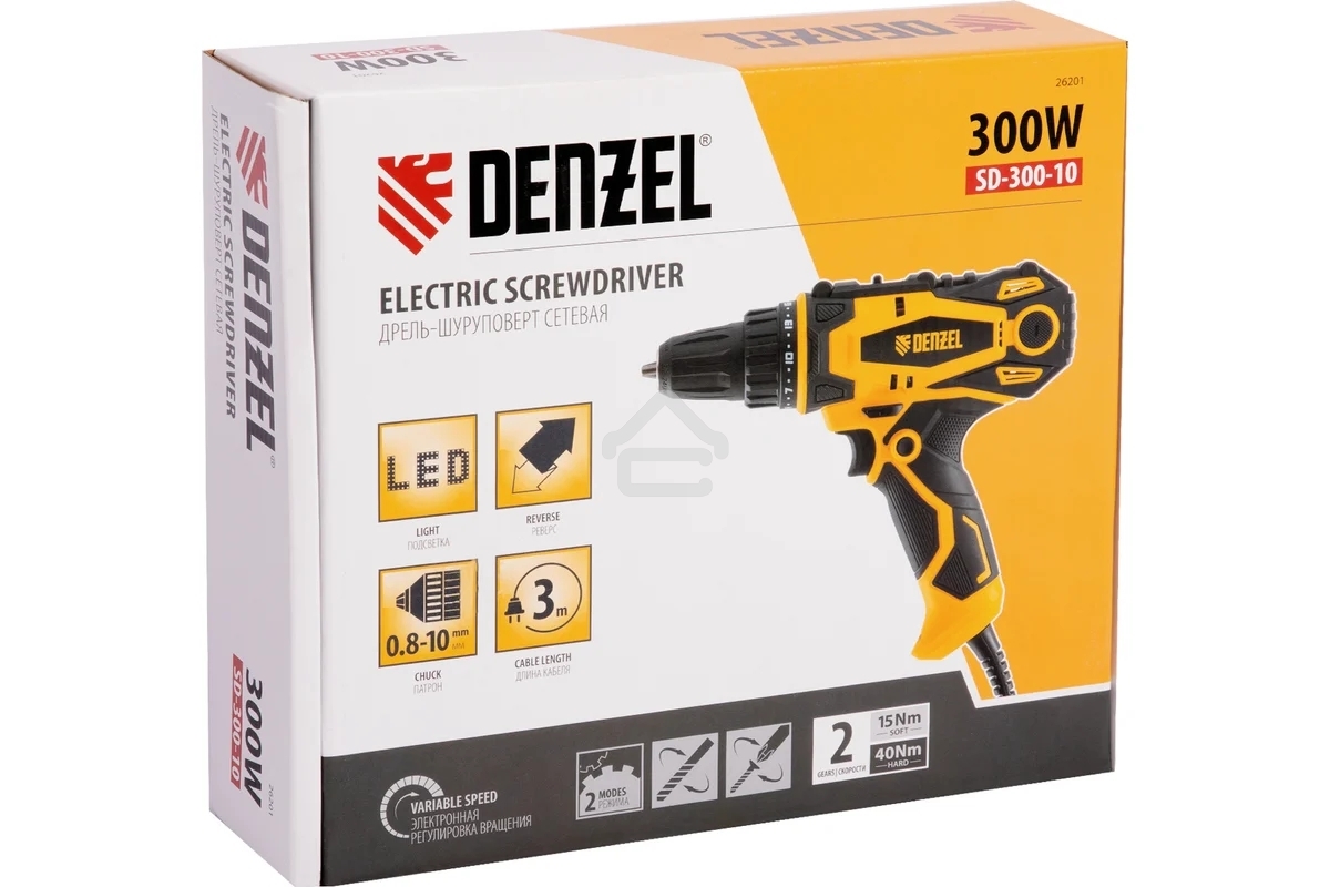 Дрель-шуруповерт Denzel SD-300-10, Сетевая, 300Вт