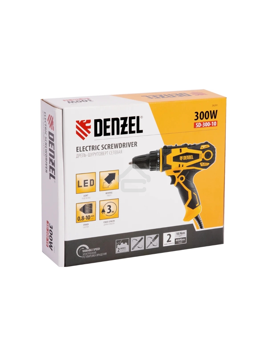 Дрель-шуруповерт Denzel SD-300-10, Сетевая, 300Вт