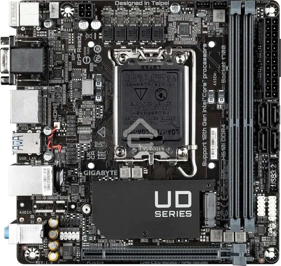Материнская плата Gigabyte H610I DDR4, LGA 1700, Intel H610, 2xDDR4, 4xSATA, 1xM.2, 1xPCIe 4.0 x16, 1xHDMI, 1xVGA, 2xDP, 1x 1Gb LAN, 2xUSB-A 3.2 Gen 1, 4xUSB-A 2.0, 3x 3.5 мм, 7.1, Mini-ITX