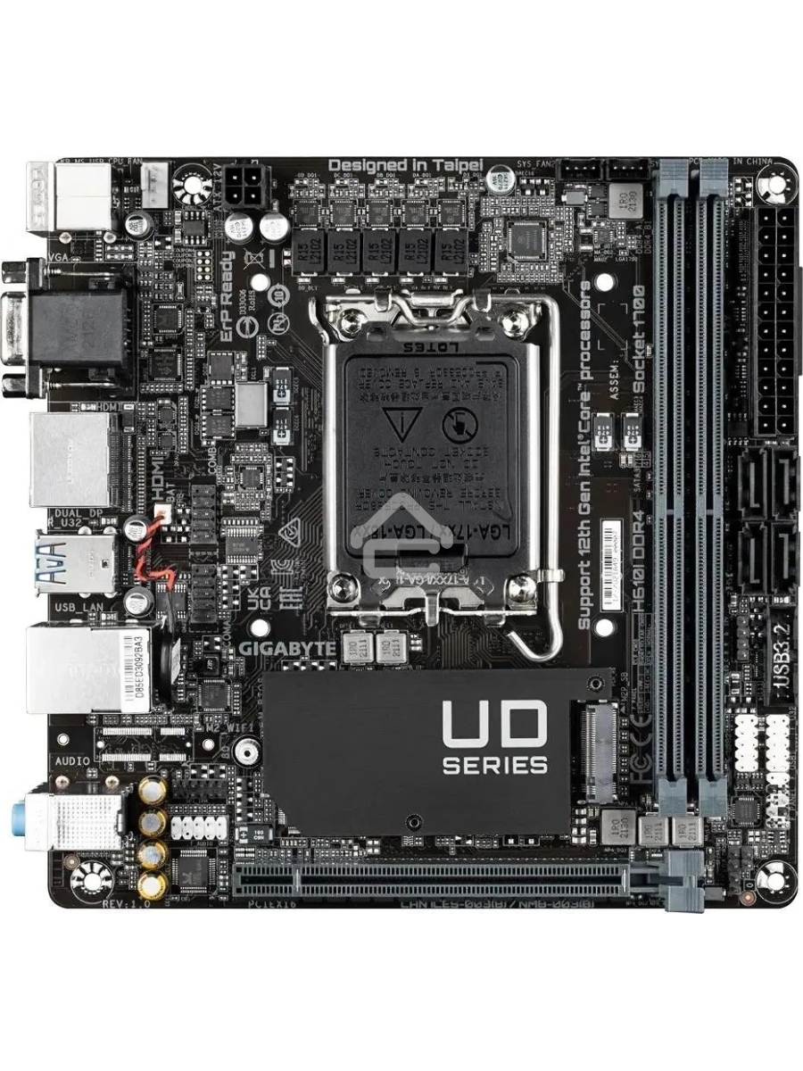 Материнская плата Gigabyte H610I DDR4, LGA 1700, Intel H610, 2xDDR4, 4xSATA, 1xM.2, 1xPCIe 4.0 x16, 1xHDMI, 1xVGA, 2xDP, 1x 1Gb LAN, 2xUSB-A 3.2 Gen 1, 4xUSB-A 2.0, 3x 3.5 мм, 7.1, Mini-ITX