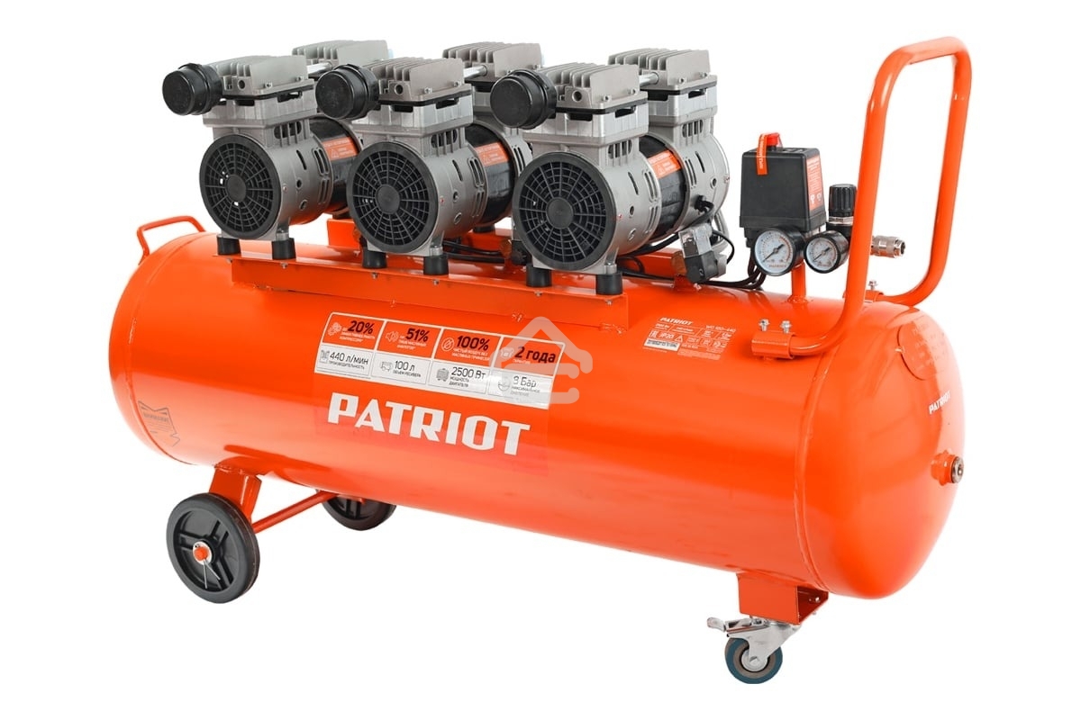 Компрессор Patriot поршневой безмасляный WO 100-440, 440 л/мин, 8 бар, 2500 Вт, 100 л, быстросъем и 