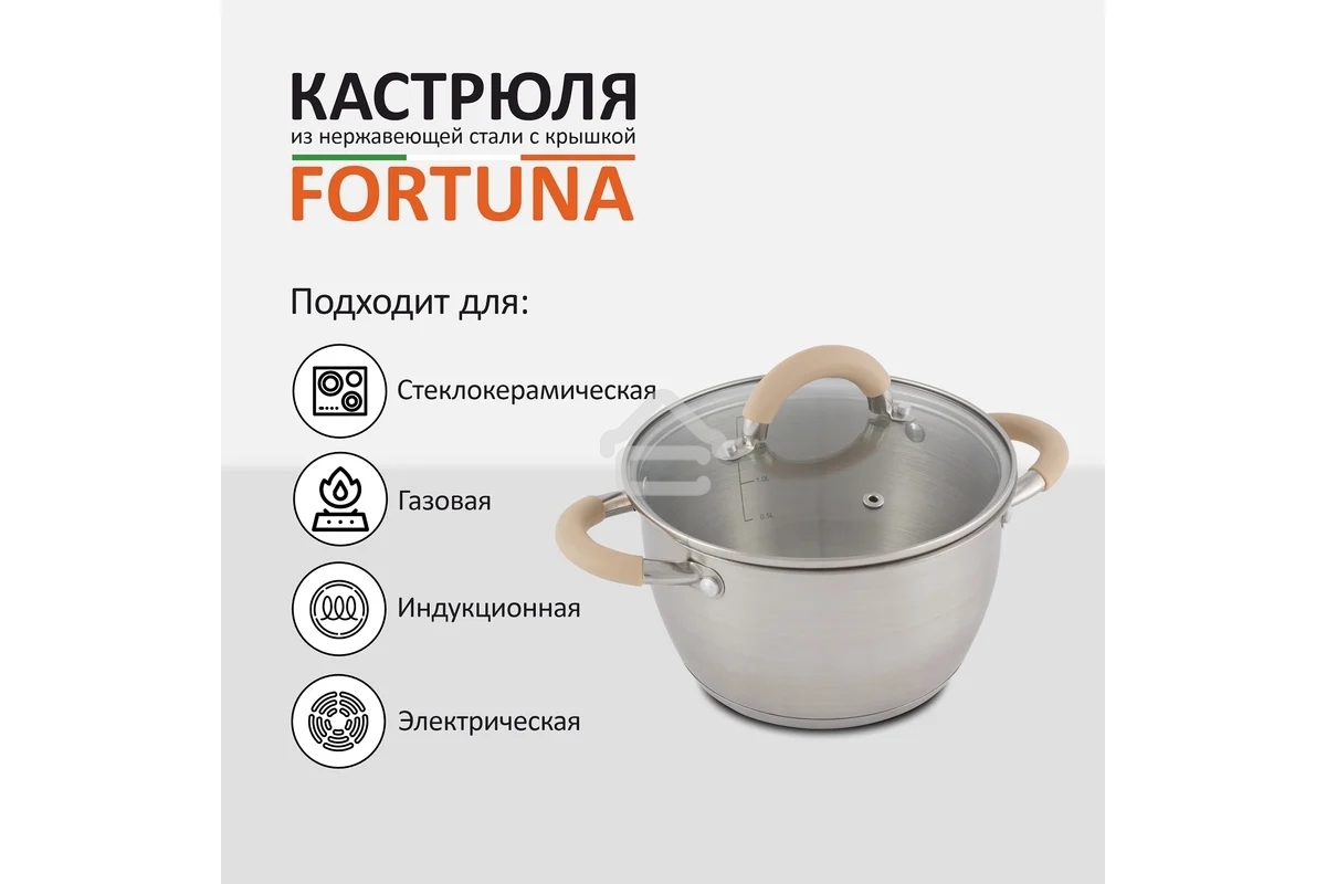Кастрюля MALLONY Fortuna нержавеющая сталь, со стеклянной крышкой, матовый корпус ручки с силиконом, 2,5 л