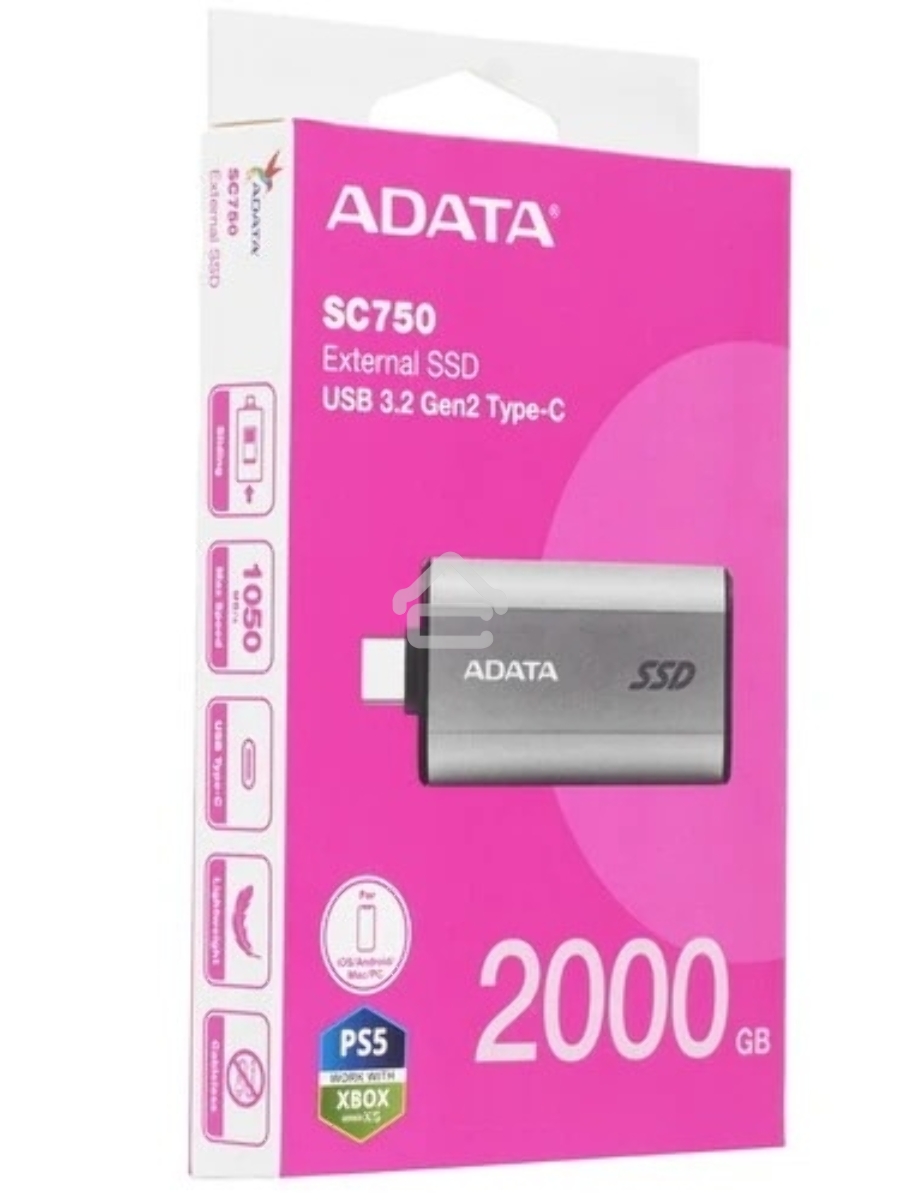 Твердотельный диск A-DATA External SC750 серый SC750-2000G-CCBK 2TB USB 3.2 Gen 2 Type-C, [R/W -1050/1000 MB/s]
