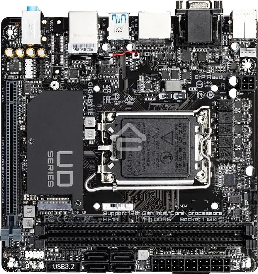Материнская плата Gigabyte H610I, LGA 1700, Intel H610, 2xDDR5, 4xSATA, 1xM.2, 1xPCIe 4.0 x16, 1xHDMI, 1xVGA, 2xDP, 1x 1Gb LAN, 2xUSB-A 3.2 Gen 1, 4xUSB-A 2.0, 3x 3.5 мм, 7.1, Mini-ITX