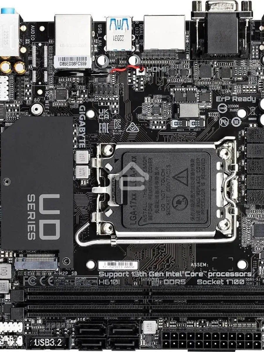 Материнская плата Gigabyte H610I, LGA 1700, Intel H610, 2xDDR5, 4xSATA, 1xM.2, 1xPCIe 4.0 x16, 1xHDMI, 1xVGA, 2xDP, 1x 1Gb LAN, 2xUSB-A 3.2 Gen 1, 4xUSB-A 2.0, 3x 3.5 мм, 7.1, Mini-ITX