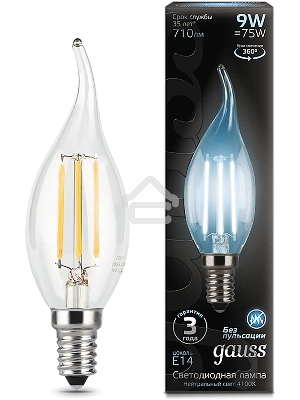 Лампа светодиодная Gauss Filament 9Вт цок.:E14 свеча 220B св.свеч.бел.нейт. CF35 (упак.:10шт) (104801209)