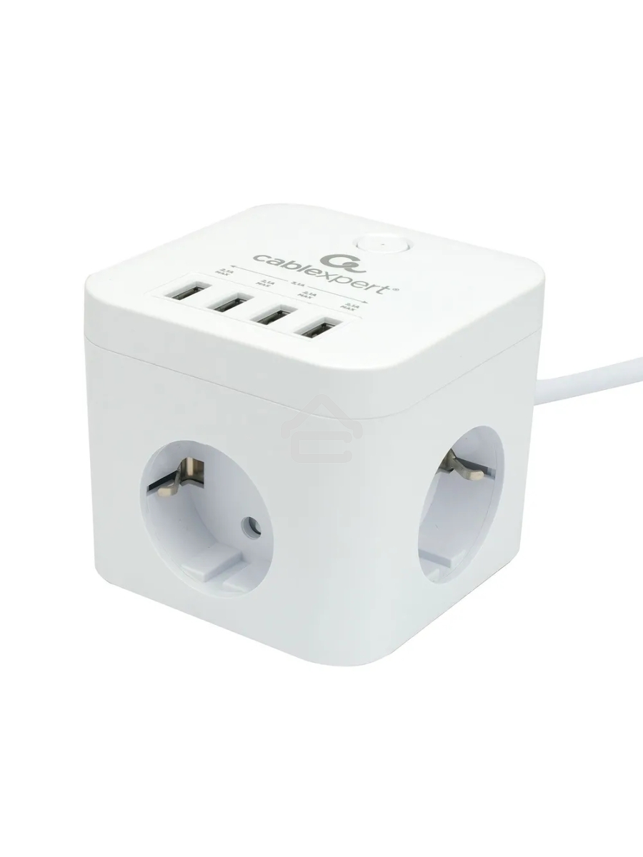 Сетевой фильтр Cablexpert Cube CUBE-3-U4-W-1.5, 3р, 10А, 4хUSB, 1.5м, ур.защиты 4+, белый, коробка