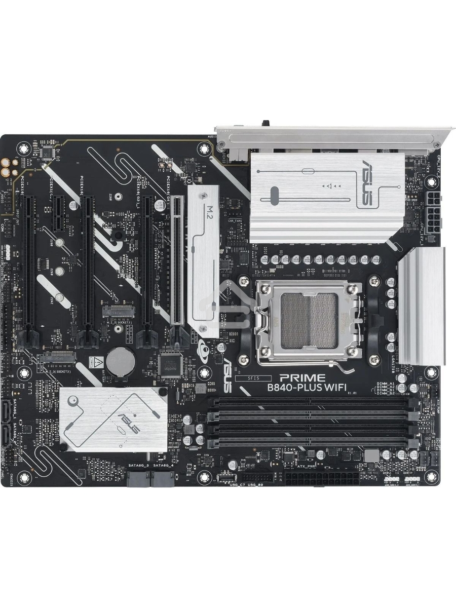 Материнская плата ASUS PRIME B840-PLUS WIFI, AM5, AMD B840, 4xDDR5, 4xSATA, 3xM.2, 1xPCIe 4.0 x16, 1xPCIe 3.0 x16, 2xPCIe 3.0 x16, 1xPCIe 3.0 x1, 1xDP, 1xHDMI, 1x 2.5Gb LAN, 8xUSB-A, 3x3.5 мм, 7.1, ATX