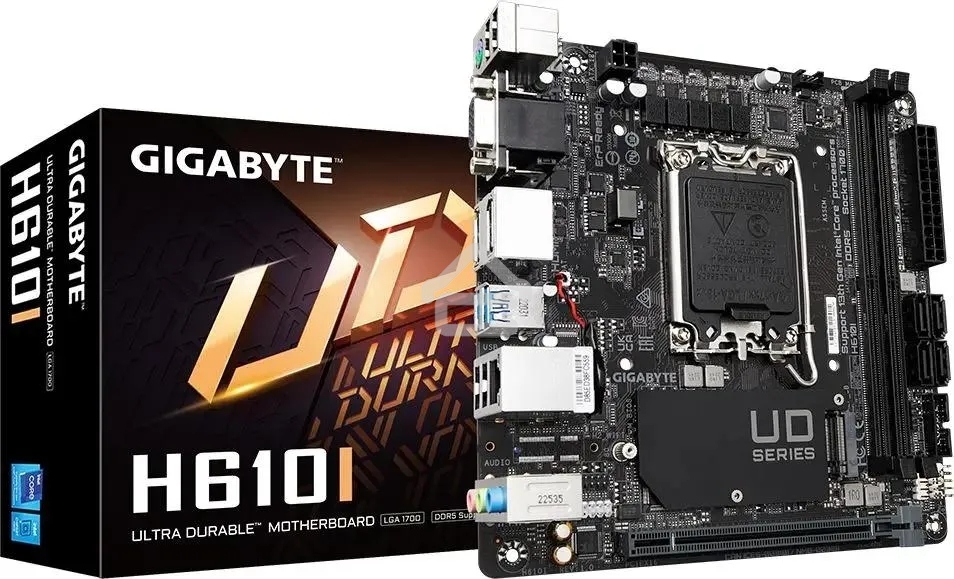 Материнская плата Gigabyte H610I, LGA 1700, Intel H610, 2xDDR5, 4xSATA, 1xM.2, 1xPCIe 4.0 x16, 1xHDMI, 1xVGA, 2xDP, 1x 1Gb LAN, 2xUSB-A 3.2 Gen 1, 4xUSB-A 2.0, 3x 3.5 мм, 7.1, Mini-ITX