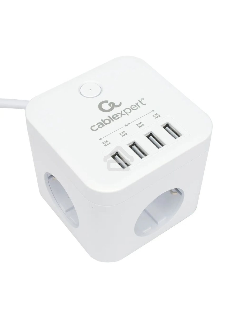 Сетевой фильтр Cablexpert Cube CUBE-3-U4-W-1.5, 3р, 10А, 4хUSB, 1.5м, ур.защиты 4+, белый, коробка