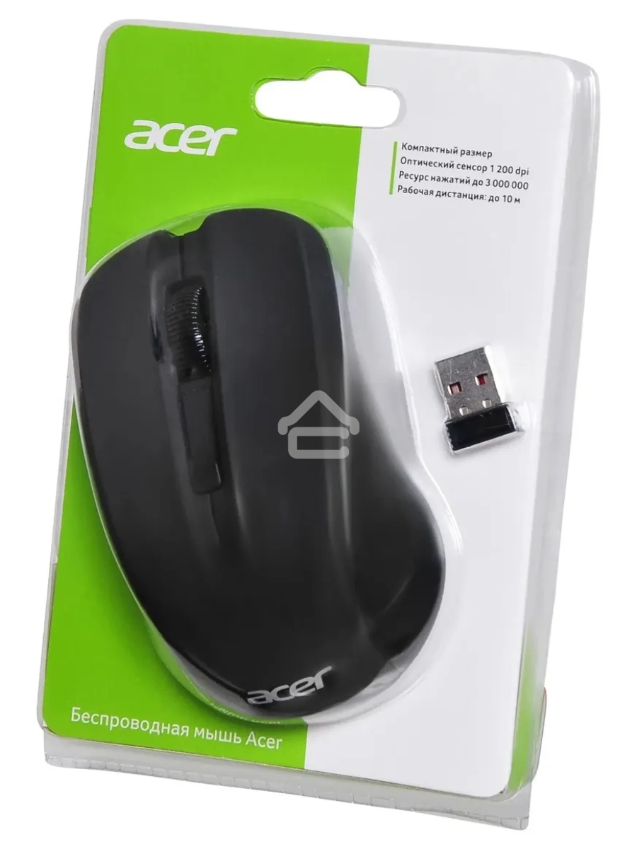 Мышь беспроводная Acer OMR010 черный, 1200 dpi, радиоканал, USB, кнопки - 3