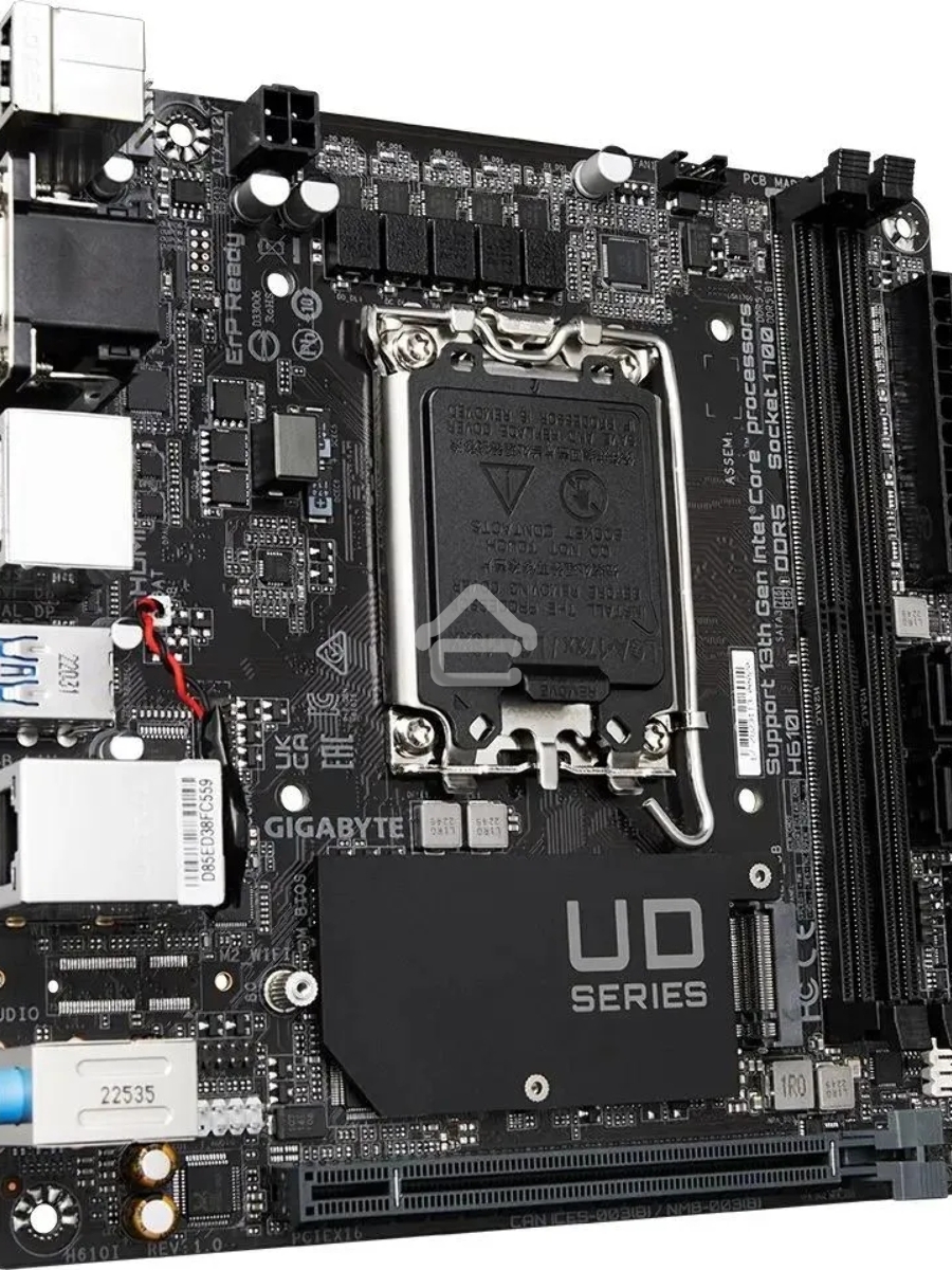Материнская плата Gigabyte H610I, LGA 1700, Intel H610, 2xDDR5, 4xSATA, 1xM.2, 1xPCIe 4.0 x16, 1xHDMI, 1xVGA, 2xDP, 1x 1Gb LAN, 2xUSB-A 3.2 Gen 1, 4xUSB-A 2.0, 3x 3.5 мм, 7.1, Mini-ITX
