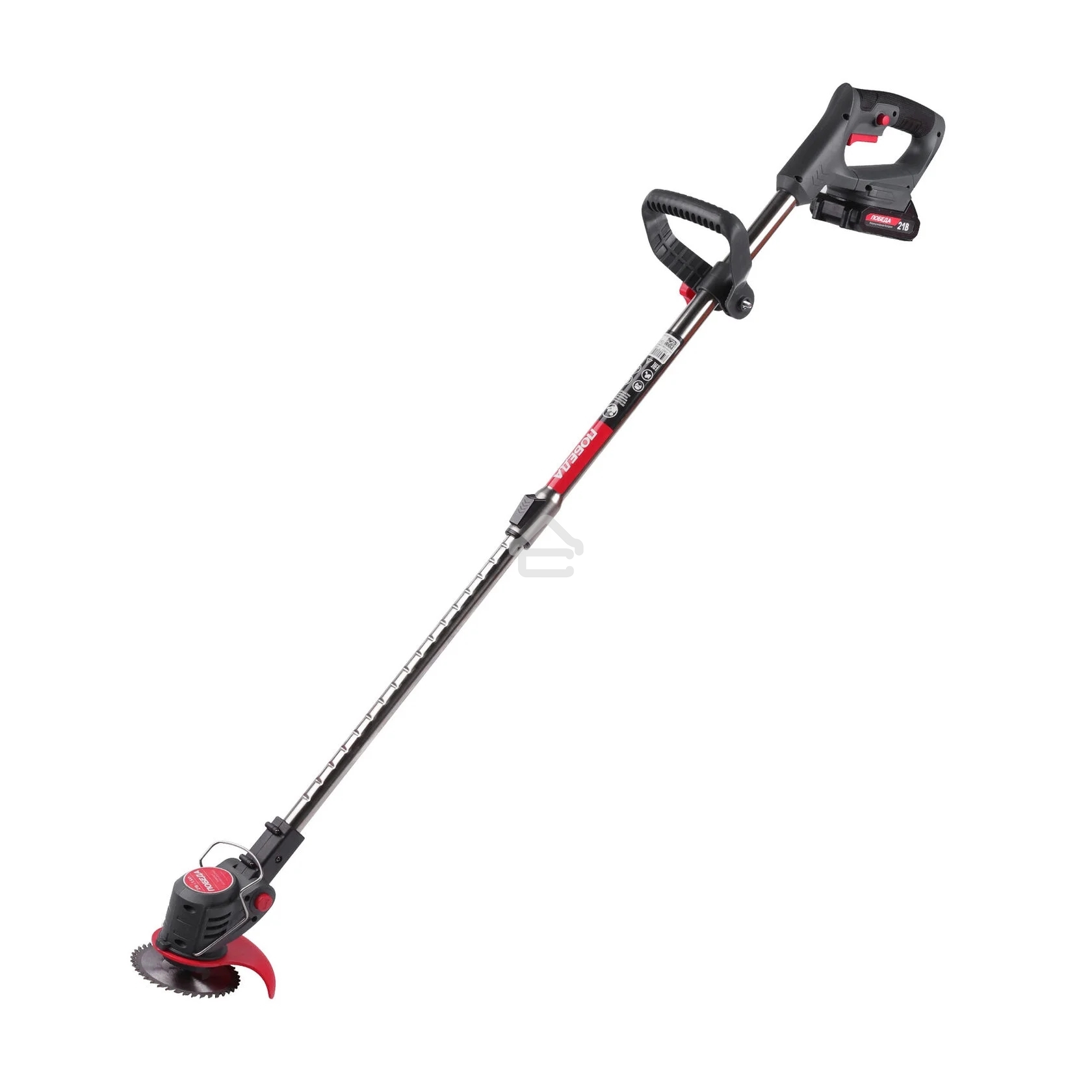 Триммер аккумуляторный Победа ТА 202, 20/21В, с 2 акб 1,5Ач и зу, макс 145мм, пластик. ножи (10шт) + мет. диск 40Т, телескоп